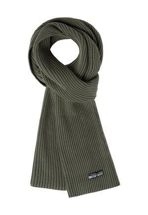 Olive green ribbed knit scarf featuring a brand tag in the lower right corner, displaying a textured, cozy design suitable for cold weather.
