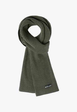 Olive green ribbed knit scarf featuring a brand tag in the lower right corner, displaying a textured, cozy design suitable for cold weather.