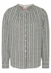 Langärmliges Button-Up-Hemd im schwarz-weißen Karomuster mit Rundhals, Falten an den Schultern und strukturiertem Saum entlang der Ärmel.