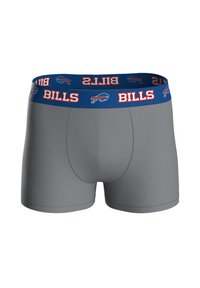 Boxer grigi con una fascia in vita blu con la parola "BILLS" e un logo. Texture liscia e design aderente.