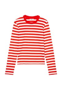 Rot-weiß gestreiftes Langarmshirt mit Rundhalsausschnitt und strukturiertem Stoff. Kurz geschnittenes Design mit gleichmäßig verteilten Streifen.