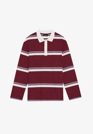 Bordo garās piedurknes polos krekls ar baltām un zilām horizontālām svītrām, balta apkakle un pogām aizdare ap kaklu.
