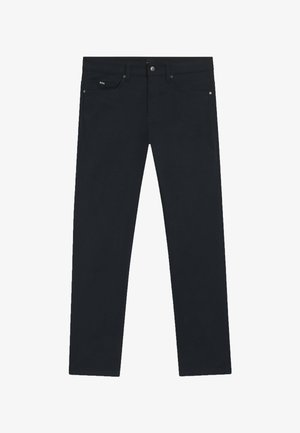Donkerblauwe denim broek met een rechte snit, voorzien van een vijfzakkenontwerp, metalen knoopsluiting en een subtiel merkembleem op de tailleband.