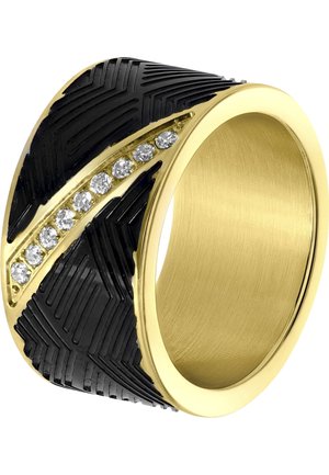 Breiter Goldring mit schwarzen Chevron-Mustern und einer diagonalen Reihe kleiner klarer Edelsteine.