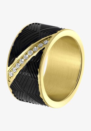 Large bague en or avec des motifs chevrons noirs et une rangée diagonale de petites pierres précieuses transparentes.
