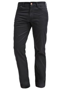 Pantalon noir droit avec passants de ceinture, poches avant et fermeture par bouton à la taille, présenté sur fond blanc.
