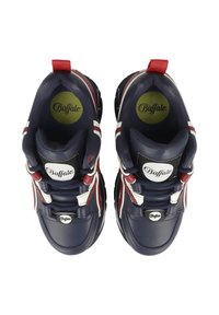 Navy blue sneakers with white and red accents, smooth leather upper, padded collar, logo on tongue and side, rubber sole with tread.