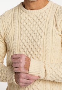 Strickpullover in hellem Creme mit verschiedenen Zopfmuster, mit gerippten Bündchen und Rundhalsausschnitt. Der Stoff wirkt strukturiert und dick.