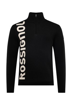 Sort strikket sweater med en kvart lynlås krave, med stor hvid "ROSSIGNOL" tekst på venstre side og en glat overflade.