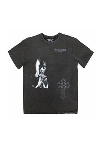 Black cotton t-shirt with round neckline. Features a photographic print of a man praying and a cross graphic on the lower side.