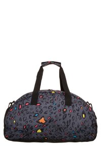 Sac polochon noir avec un motif léopard comportant des accents colorés en rouge, jaune et bleu ; double poignée et fermeture éclair.