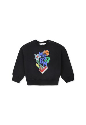 Felpa nera con grafiche ricamate colorate che includono un pallone da basket, frecce e stelle. Presenta un colletto rotondo e bottoni a pressione sulla spalla.