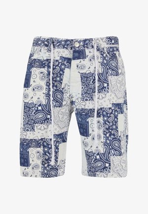 Sinine ja valge mustriga ujumispüksid, millel on segu paisley ja geomeetrilistest kujunditest. Pükstel on elastne vöökoht ja kinnitusnöör.