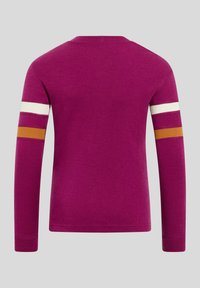 Long-sleeve purple sweater featuring white, orange, and maroon stripes on the sleeves. Soft knit fabric with a crew neck design.