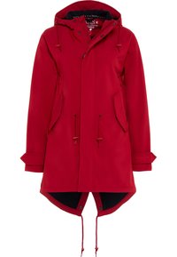 Roter, mittel-langer wasserdichter Mantel mit Kapuze, verstellbaren Kordeln, Fronttaschen und schwarzer Innenauskleidung. Mit geknöpften Manschetten.