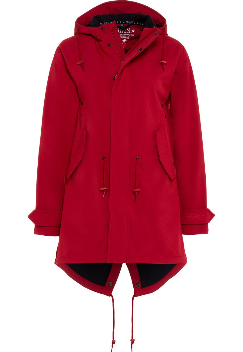 Roter, mittel-langer wasserdichter Mantel mit Kapuze, verstellbaren Kordeln, Fronttaschen und schwarzer Innenauskleidung. Mit geknöpften Manschetten.