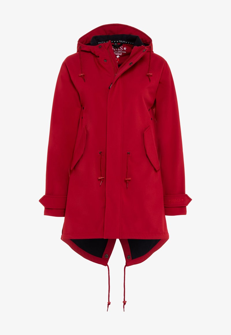 Roter, mittel-langer wasserdichter Mantel mit Kapuze, verstellbaren Kordeln, Fronttaschen und schwarzer Innenauskleidung. Mit geknöpften Manschetten.