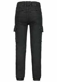 Pantalones cargo negros con cintura elástica, puños ajustados, bolsillos laterales y bolsillos traseros. Hechos de una tela resistente con una textura suave.