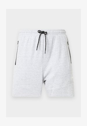 Gray sweat shorts made of soft fabric, featuring an elastic waistband with a drawstring, side zip pockets, and a minimal logo accent.