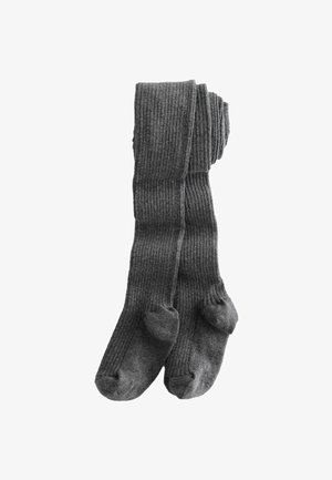 Gray ribbed socks made of a soft, textured material. Features a seamless toe and a fitted design that extends to mid-calf length.