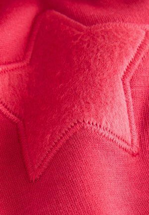 Rotes Kleidungsstück mit einem flauschigen, bestickten Stern. Der Stern ist strukturiert und auffällig und steht im Kontrast zum glatten Stoff der umliegenden Fläche.