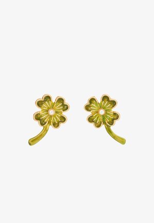 Kuldsete servadega rohelised neljalehelise ristikuga kõrvarõngad, kus iga lehikogumi keskel on väike valge pärl.