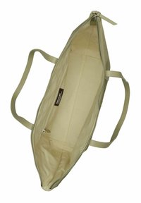 Sac en toile de couleur vert clair avec fermeture éclair et deux poignées. L'intérieur présente une doublure lisse de couleur crème et une étiquette de marque.