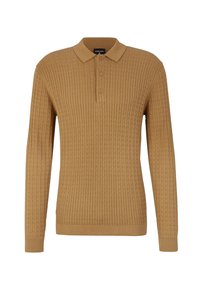 Maglione polo marrone a coste con maniche lunghe, collo con risvolto e patta con tre bottoni, caratterizzato da un motivo strutturato su tutta la superficie.