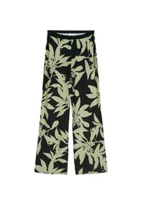 Black wide-leg pants with a light green botanical floral pattern. Features an elastic waistband and a smooth, lightweight fabric.