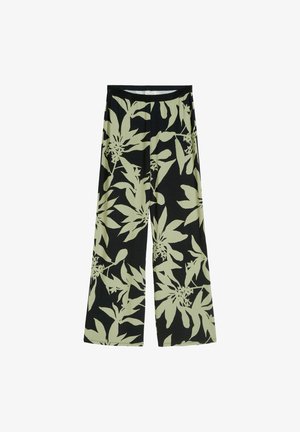 Schwarze weit geschnittene Hose mit einem hellgrünen botanischen Blumenmuster. Sie verfügt über einen elastischen Bund und einen glatten, leichten Stoff.
