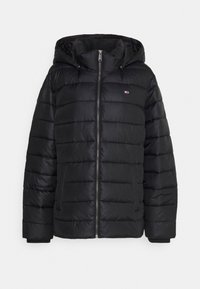 Černá péřová bunda s kapucí, s předním zipem, prošívaným designem a vroubkovanými manžetami. Vyrobena z hladkého, voděodolného materiálu.