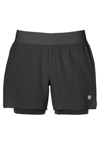 Pantalones cortos deportivos negros con una tela exterior suave, cinturilla elástica y forro de malla interior. Presenta un pequeño logo hexagonal en la parte izquierda.