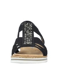 Sandale noire avec des sangles élastiques, dotée d'un accent central en strass argenté. Semelle en tan doux et semelle blanche. Design ouvert au bout.