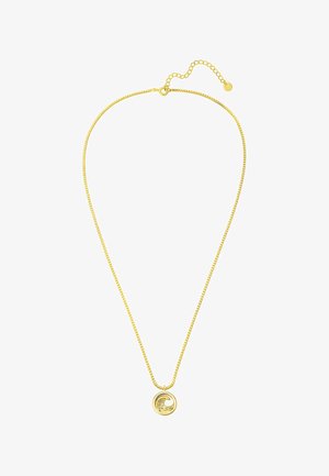 Guldbelagt metal halskæde med en tekstureret bølgedel. Kæden har små led og en justerbar lås med kæde-forlængelse.