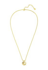Żółty metalowy naszyjnik z teksturowanym wisiorkiem w kształcie fali. Łańcuszek składa się z małych ogniw i posiada regulowane zapięcie z przedłużeniem łańcuszka.