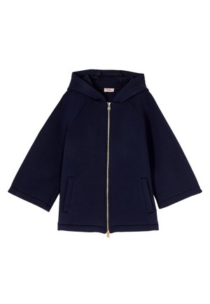 Marineblaue Kapuzenjacke mit Frontreißverschluss und zwei Seitentaschen, ausgestattet mit dreiviertellangen Ärmeln und lockerem Schnitt.
