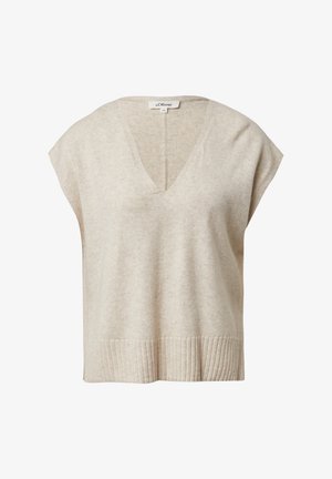 Hellbeiger, gestrickter Pullover mit V-Ausschnitt, kurzen Ärmeln und geripptem Saum. Weiche Textur mit entspanntem Sitz. Markenetikett am Halsausschnitt sichtbar.