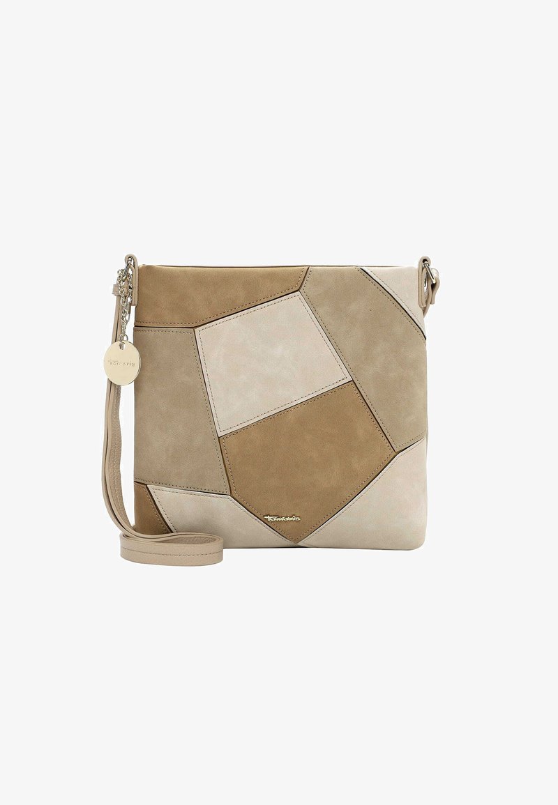 Borsa a tracolla in suede beige con un design a patchwork geometrico, texture liscia e tracolla removibile con dettagli in metallo di colore argento.