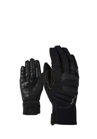 Black gloves with a textured grip on the palm, smooth black fabric on the back, adjustable wrist closure, and subtle striped accents.