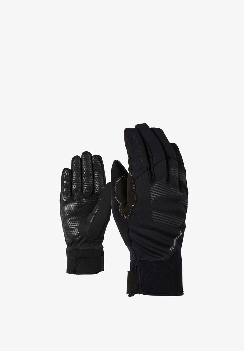 Black gloves with a textured grip on the palm, smooth black fabric on the back, adjustable wrist closure, and subtle striped accents.