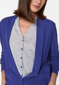 Blauwe cardigan met open voorkant, gemêleerd gebreid materiaal, lange mouwen, en een grijze overhemddas eronder met blauwe knopen.