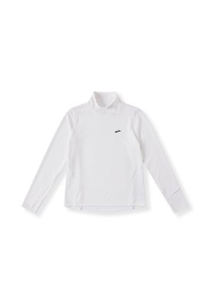Long-sleeve, white athletic top with a mock neck, featuring a textured fabric and a small black logo on the chest.