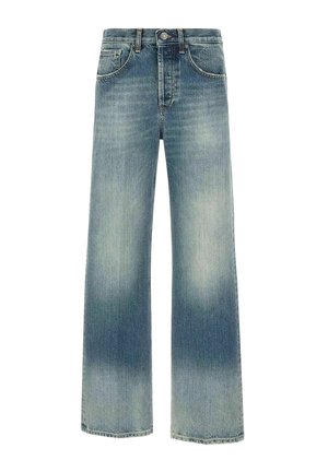 Jeans di jeans blu a gamba larga con tasche frontali, passanti per cintura e dettagli di lavaggio sbiadito su cosce e parte bassa delle gambe.