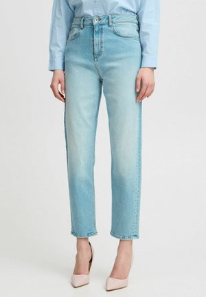Hellblaue high-waisted Jeans aus Denim mit geradem Beinschnitt, versehen mit dezenten Verblassungen, Gürtelschlaufen und vorderen Taschen.