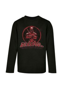 Must musta-särgis on pikk varrukas, must värv, millel on punane Deadpooli graafika ristatud mõõkadega ja sõna "DEADPOOL" julgete tähtedega all.