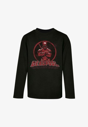 Melns garo piedurkņu T-krekls ar sarkanu Deadpool grafiku, kurā attēloti krustoti zobeni un vārdi "DEADPOOL" treknrakstā zem tā.