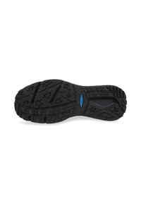 Suela de zapato de goma negra con superficie texturizada, que presenta surcos profundos y un acento azul cerca del arco para mayor agarre y apoyo.