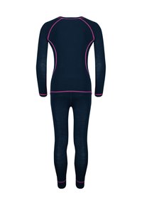 Navy thermal base layer set with long sleeves and pants, featuring pink stitching accents and a fitted design for thermal insulation.