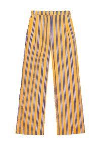 Pantalon jaune à jambes larges avec des rayures verticales bleues et blanches, taille élastique et poches latérales, présenté sur fond blanc.