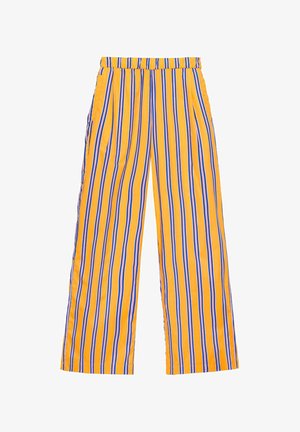 Žlté široké nohavice s vertikálnymi modro-bielymi pruhmi, elastickým pásom a bočnými vreckami, zobrazené na bielom pozadí.